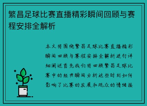 繁昌足球比赛直播精彩瞬间回顾与赛程安排全解析